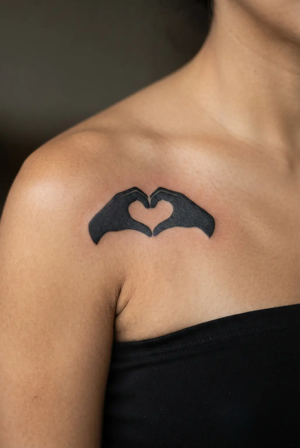 Two solid black palm shapes curve together to form a small heart on the shoulder.
