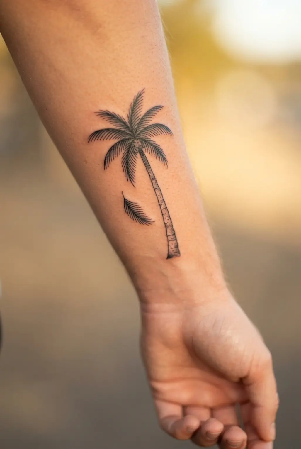 A black palm tree on the arm includes one falling frond separated from the main canopy.