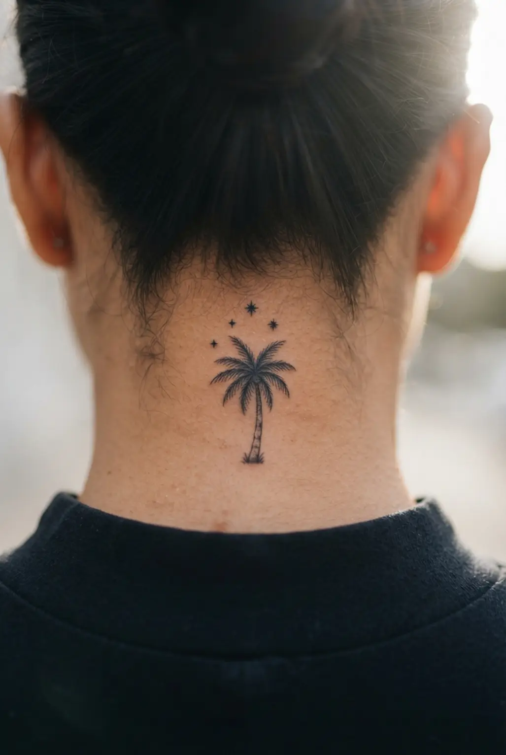 A small black palm tree sits at the nape with three tiny stars arranged above its fronds.