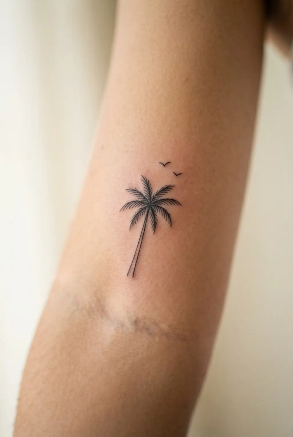 A single fine-line palm tree is paired with two small bird dots in a clean black tattoo design.