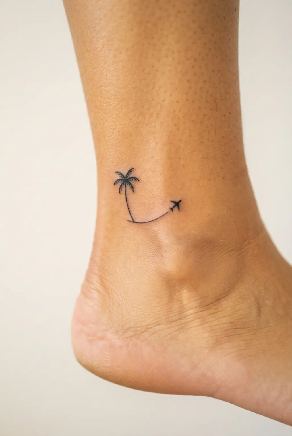 A tiny black palm tree near the ankle is followed by a curved airplane trail line.