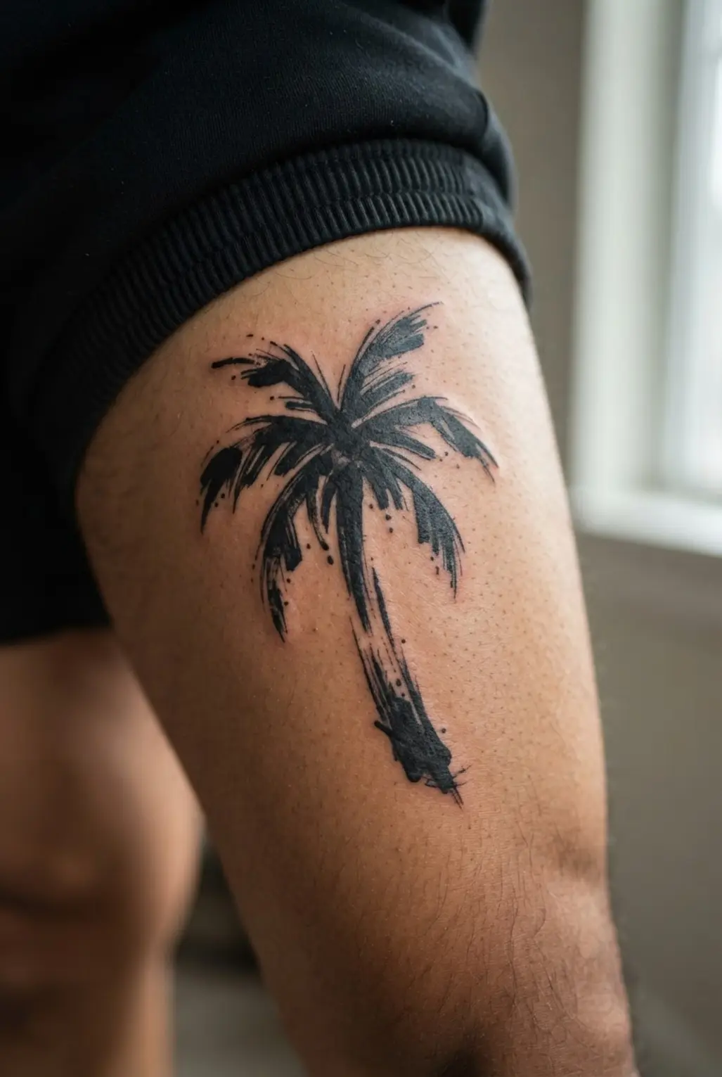 A bold brush stroke style palm tree appears on the thigh with loose black edges and open skin.