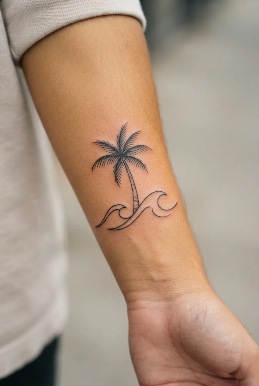 A fine black palm tree stands above two abstract curved wave lines in a compact tattoo design.