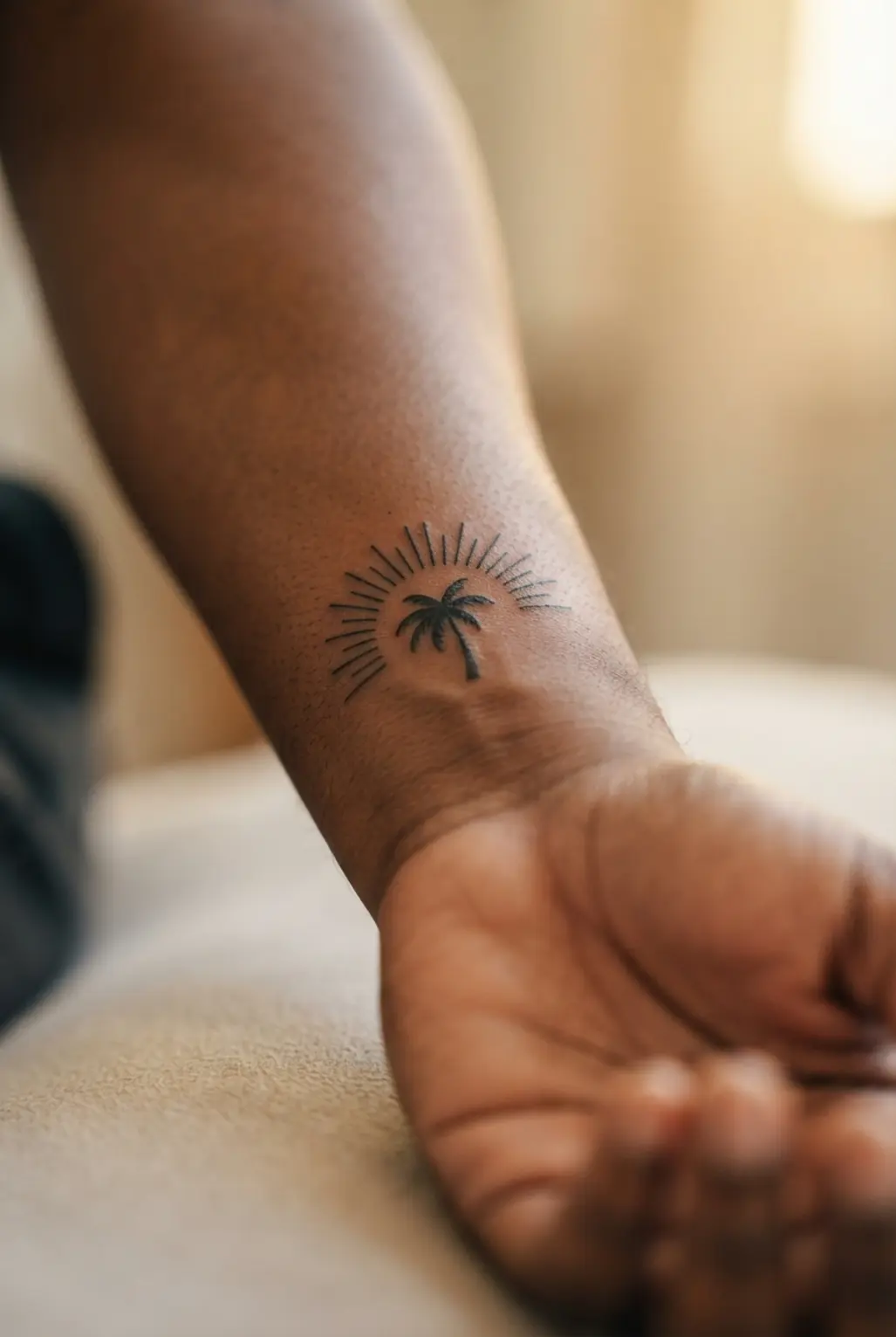 A minimalist black palm tree is framed by short sun burst lines on a clean skin background.