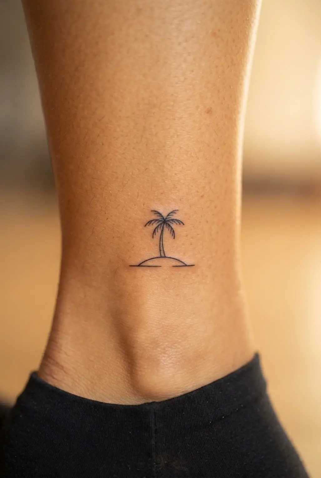 A tiny black palm tree stands on an island horizon line above the ankle in clean minimalist ink.