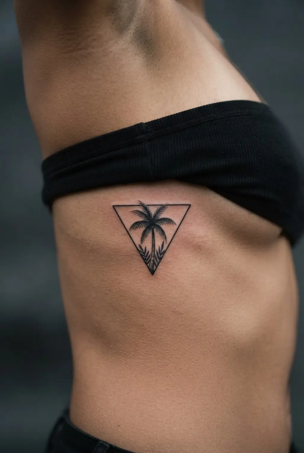 A black palm tree sits inside a crisp geometric triangle frame along the ribcage.