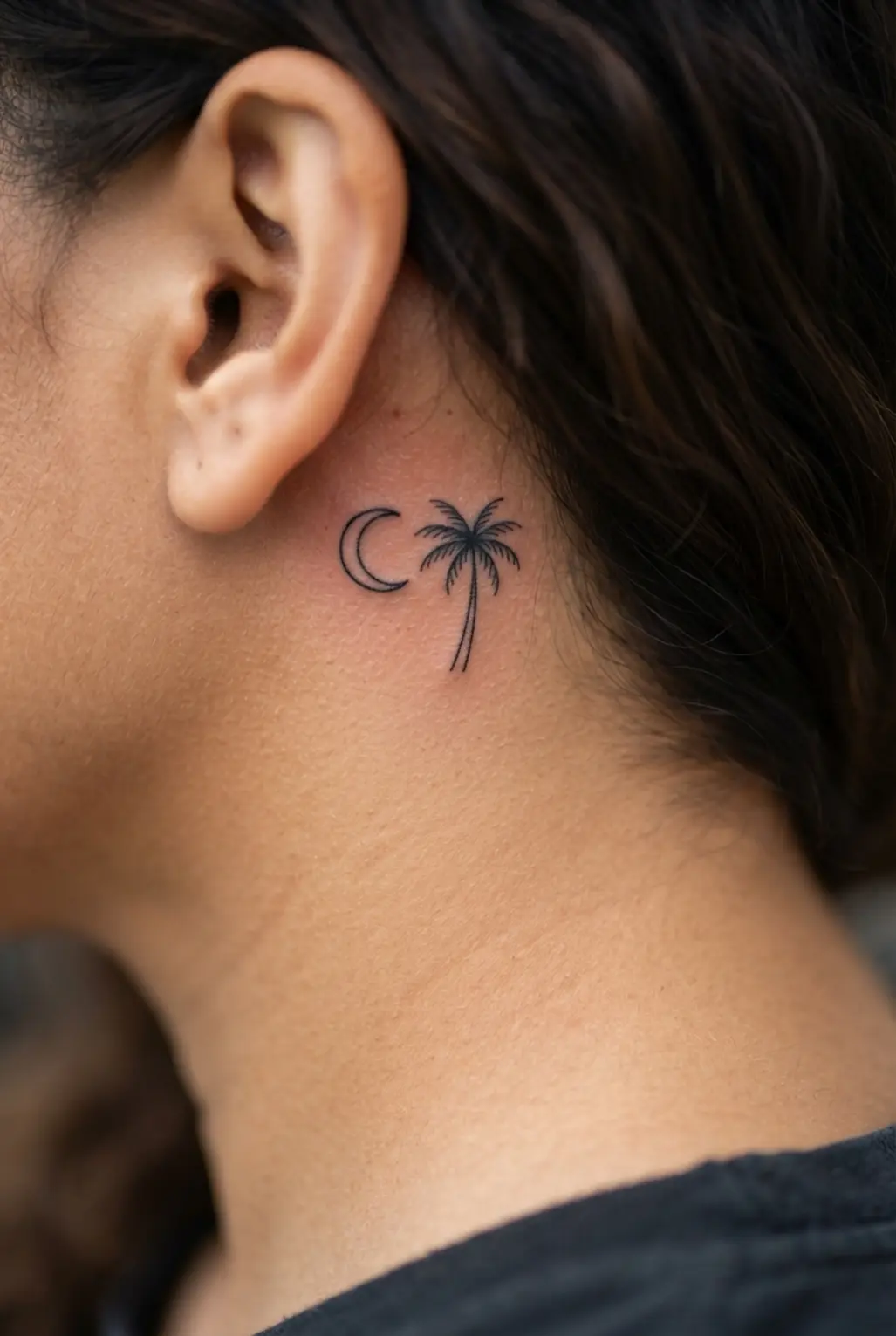 A fine black palm tree sits beside a crescent moon in the small space behind the ear.