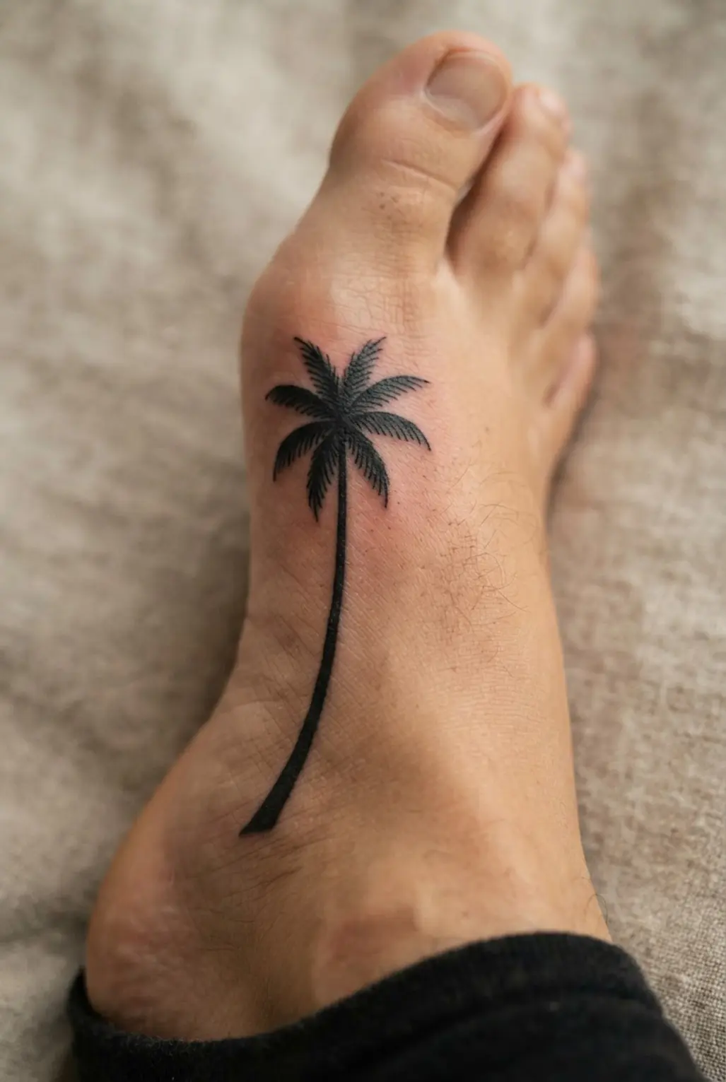 A single black palm tree with a long narrow shadow stretches across the top of the foot.