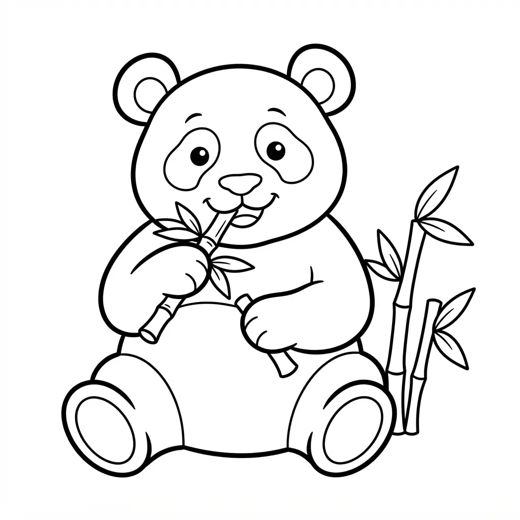 Cute panda sitting beside bamboo stalks in a bold-line panda coloring page for crayons and pencils.