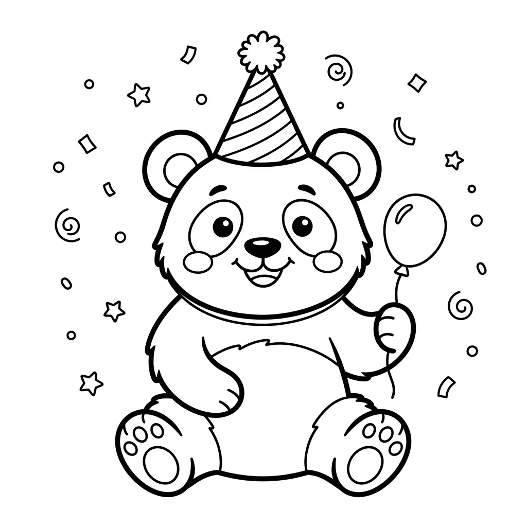 Panda wearing a pointed party hat with small confetti shapes around its smiling face.