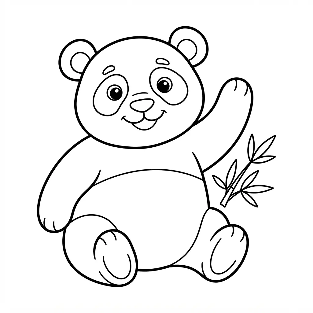 Cartoon panda waving with one raised paw beside bamboo in a cheerful panda coloring page.