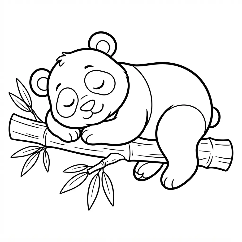 Sleeping panda curled on a bamboo branch with leaves, closed eyes, and thick clear outlines.