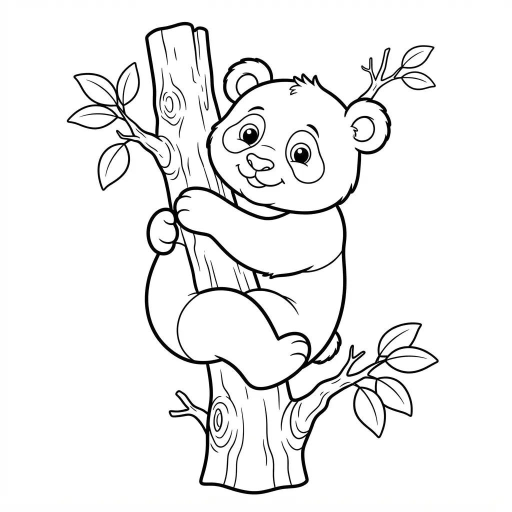 Baby panda climbing a tree trunk with leafy branches and open spaces for coloring.