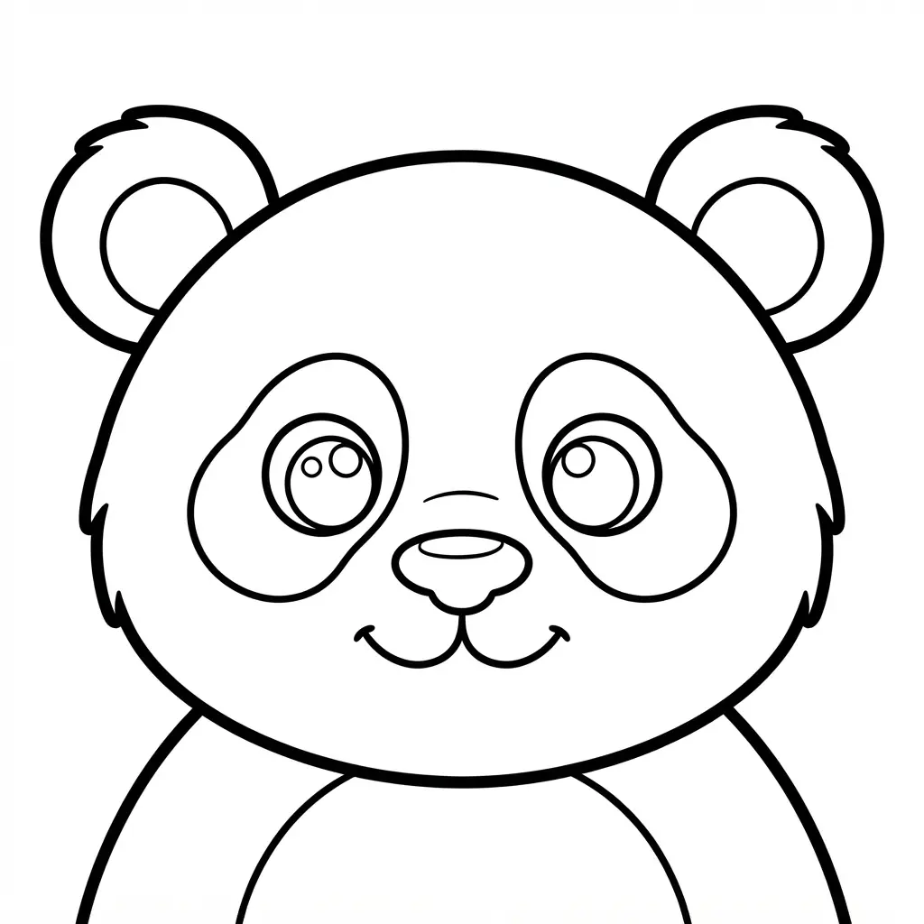 Close view of a panda face with rounded ears, large eyes, and bold lines in a panda coloring page.
