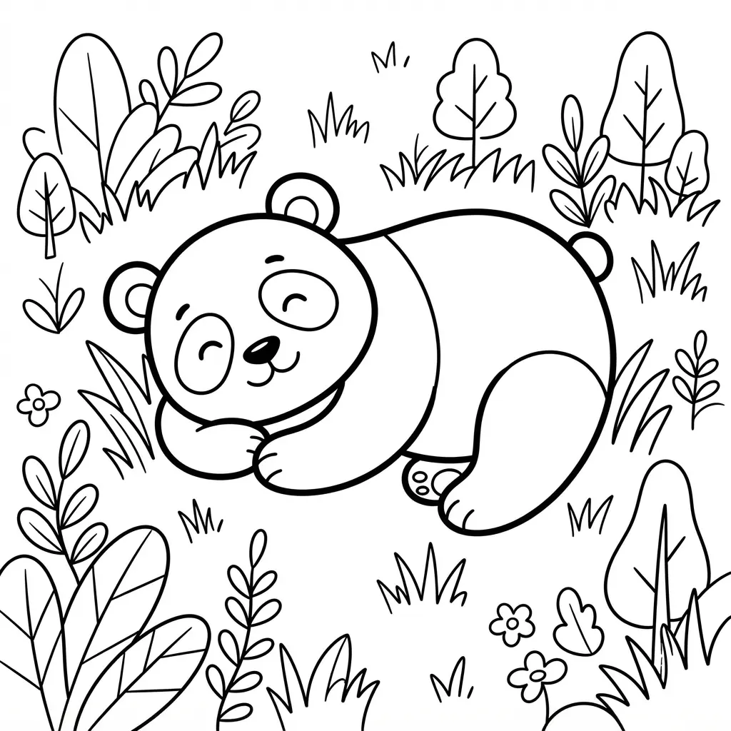 Relaxed panda resting on grass in a forest glade with trees, leaves, and open coloring areas.