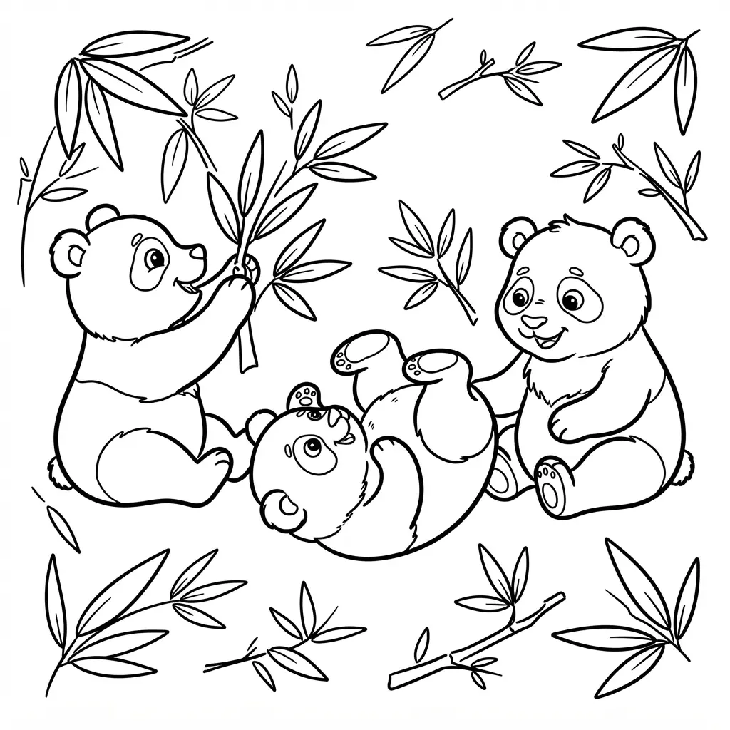 Three pandas playing together near bamboo leaves in a friendly panda coloring page with bold outlines.