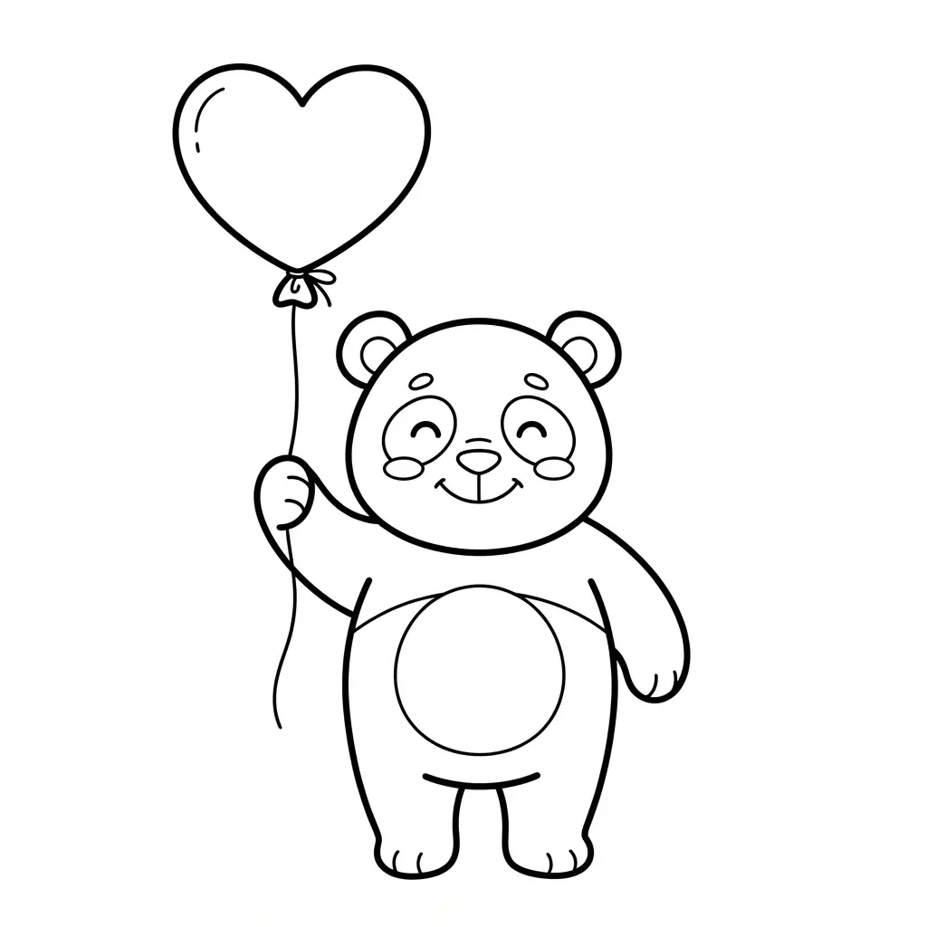 Panda holding a heart-shaped balloon with a smiling face and a clean, open background.