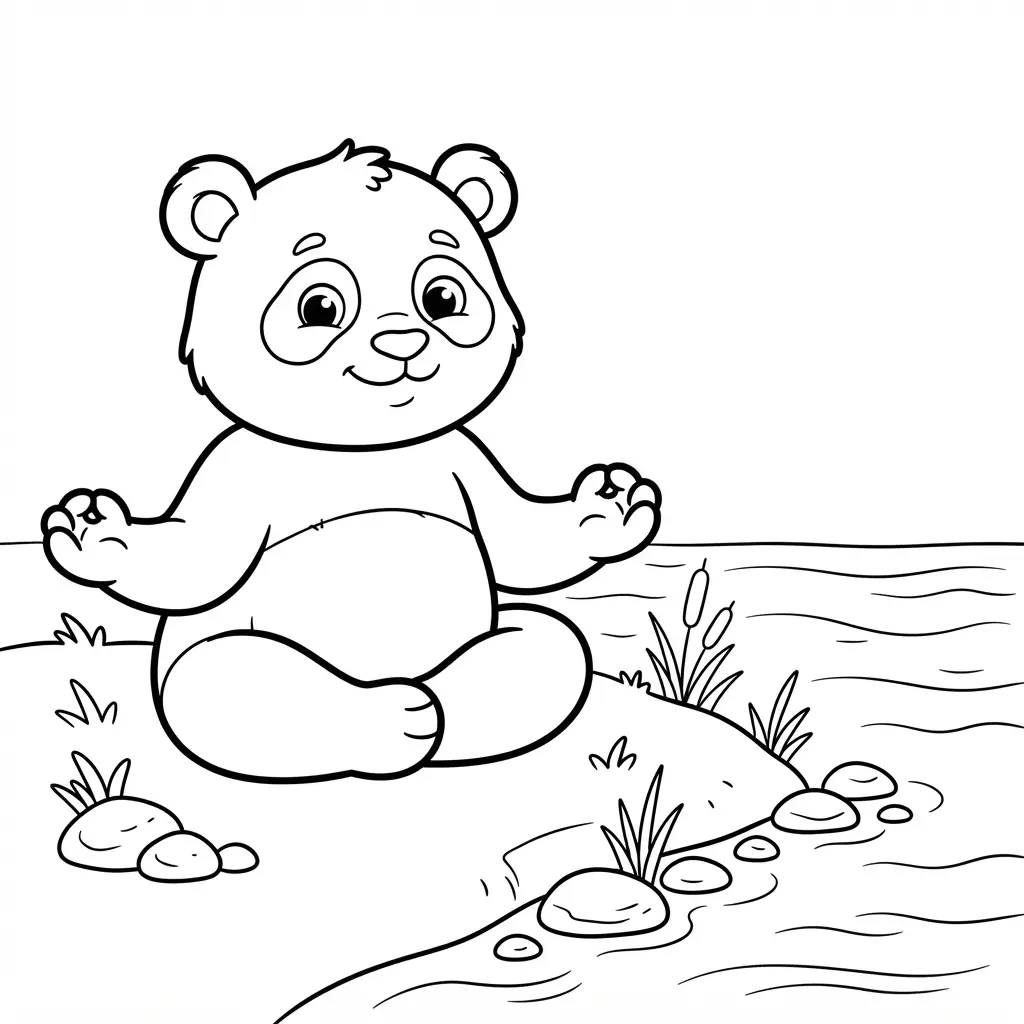Meditating panda seated beside water, stones, and reeds in a calm panda coloring page.