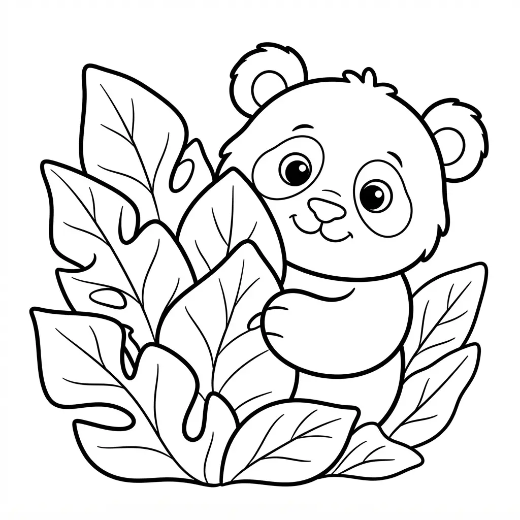 Panda cub peeking from behind broad leaves with rounded eyes and a friendly expression.