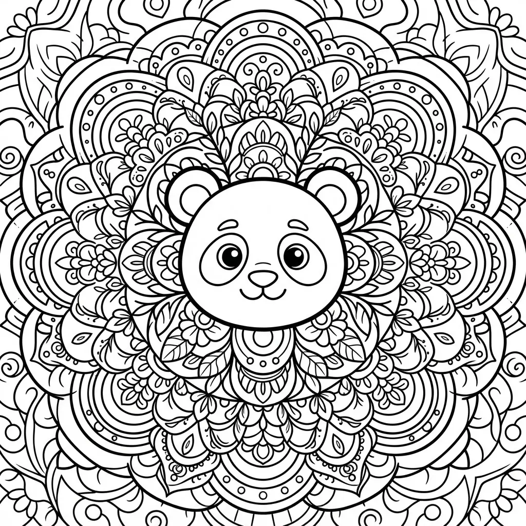 Centered panda face surrounded by repeating leaves and circles in an artistic panda coloring page.