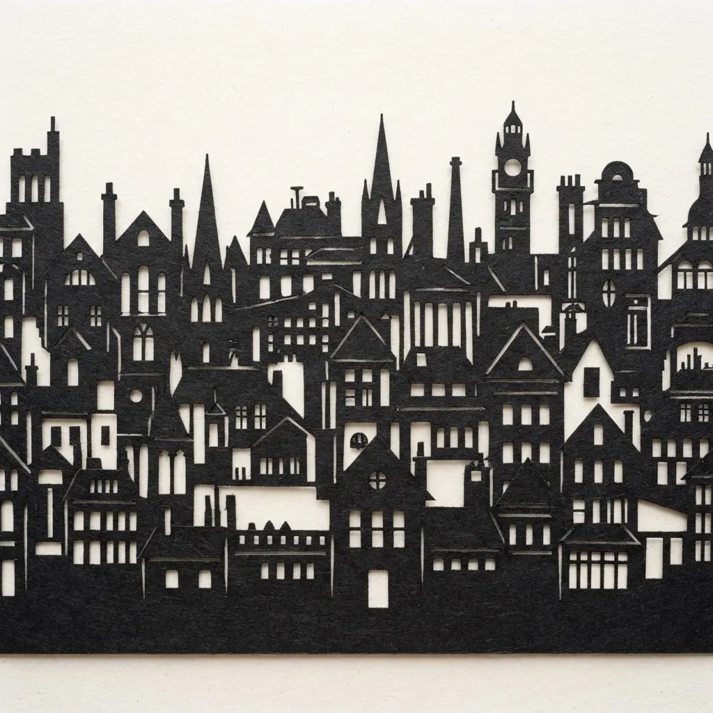 Black cardstock city skyline silhouette with varied rooftops, towers, and clean window-like paper cut edges.