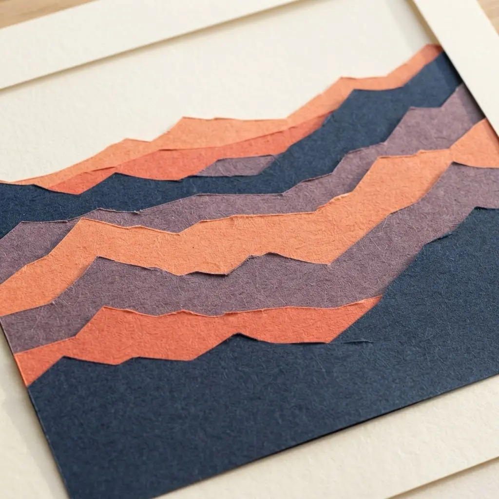 Layered cardstock mountain landscape with sunset bands, overlapping peaks, and paper cutting designs for added depth.
