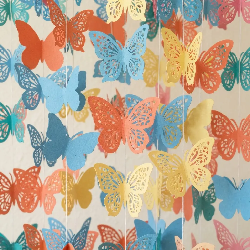 Suspended papercut butterfly mobile with several colored cardstock wings hanging from thin threads.