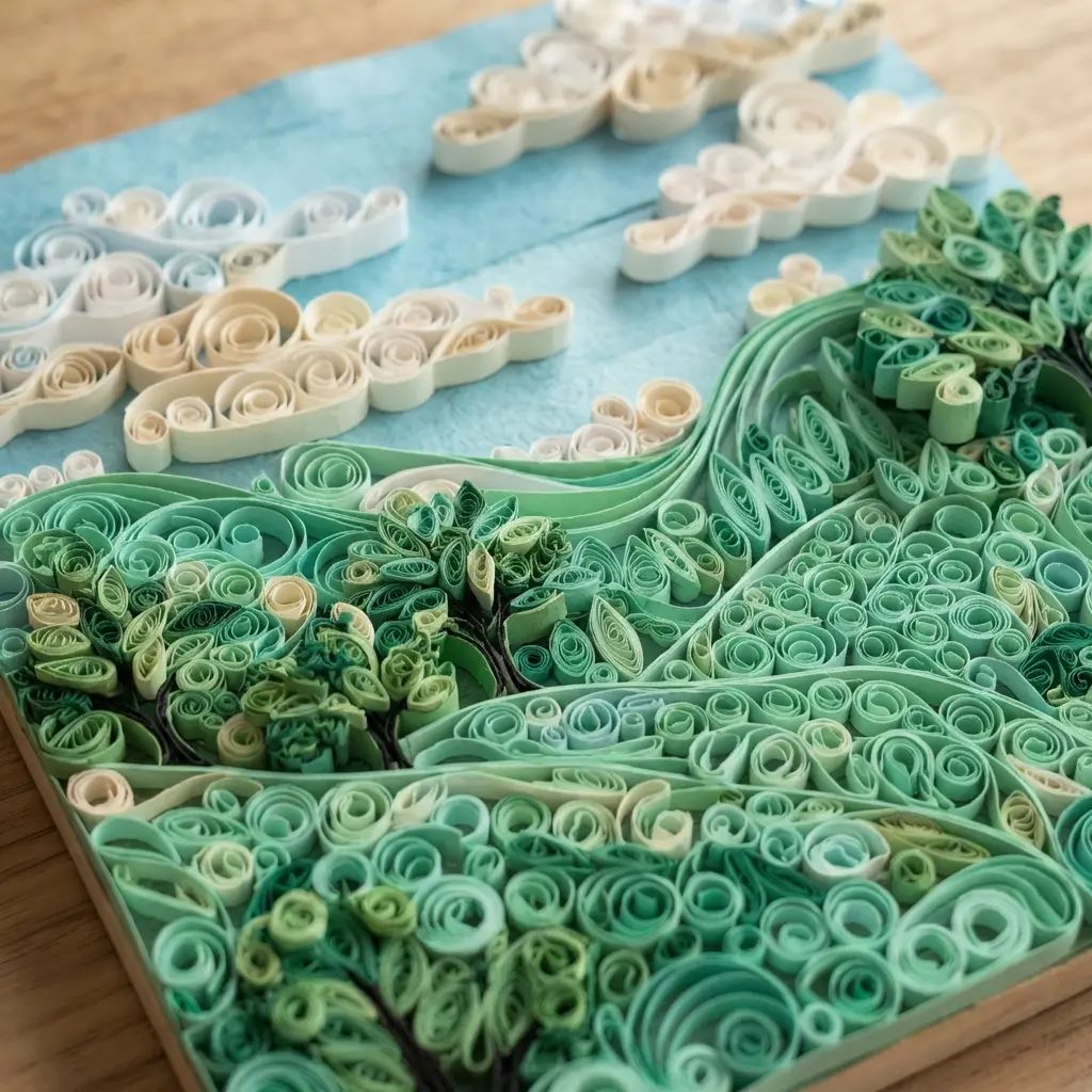 Quilled paper and cutout landscape with curled strips, tree shapes, hills, and paper cutting designs in layered rows.