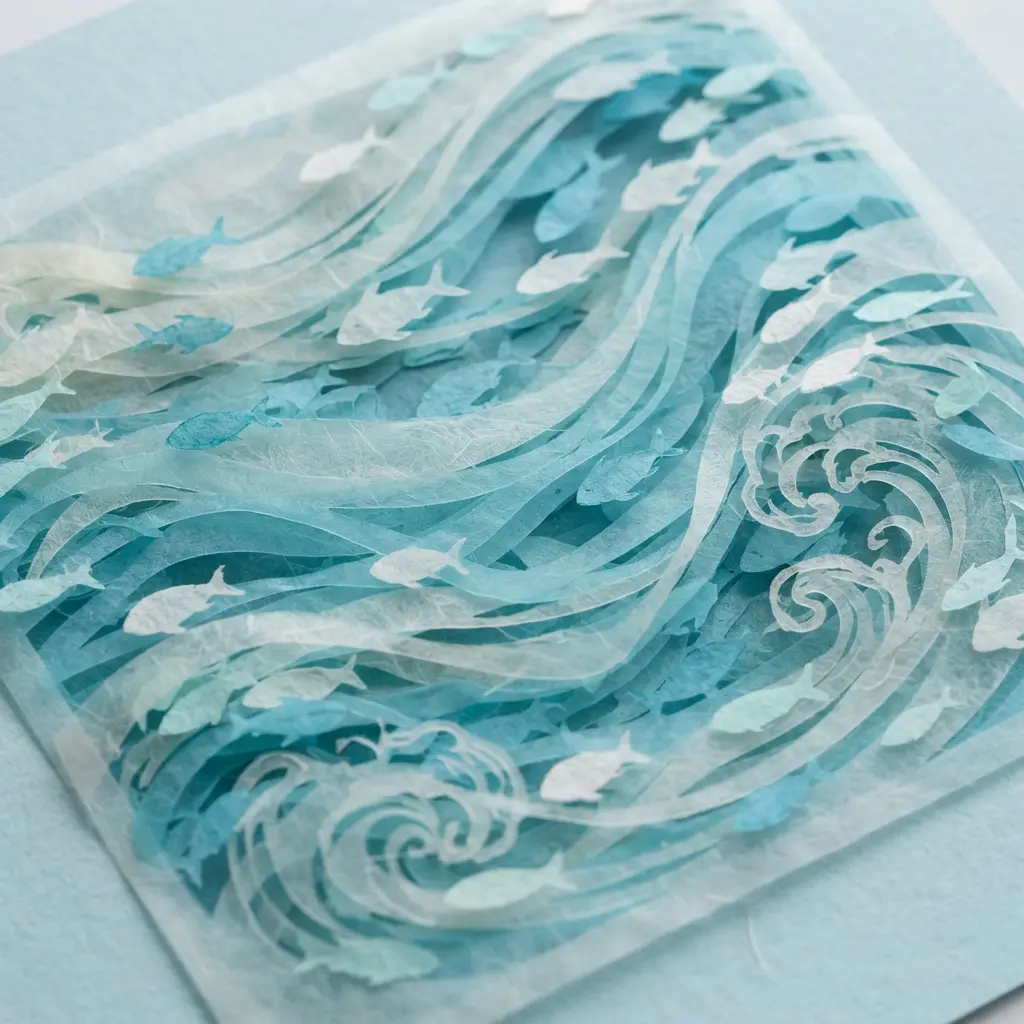 Layered vellum ocean artwork with translucent blue sheets, cut waves, fish shapes, and paper cutting designs.