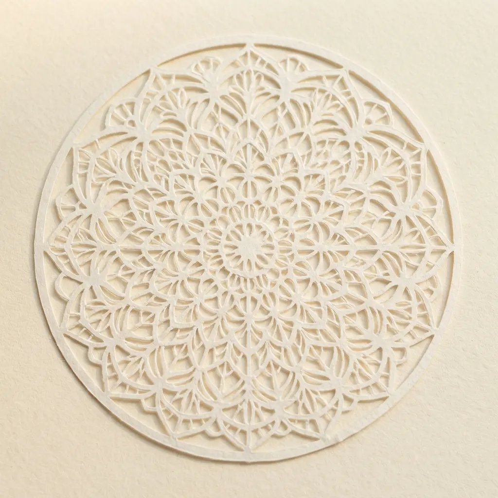 White cardstock lace mandala with radial cutwork, fine bridges, and delicate paper edges on a pale surface.