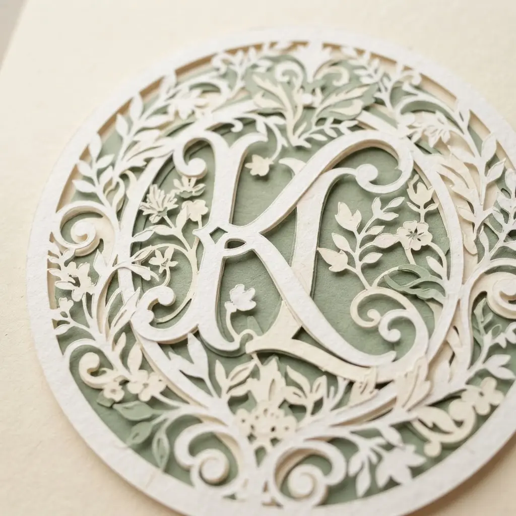 Custom papercut family name plaque with layered white lettering, leafy accents, and a natural wood frame.