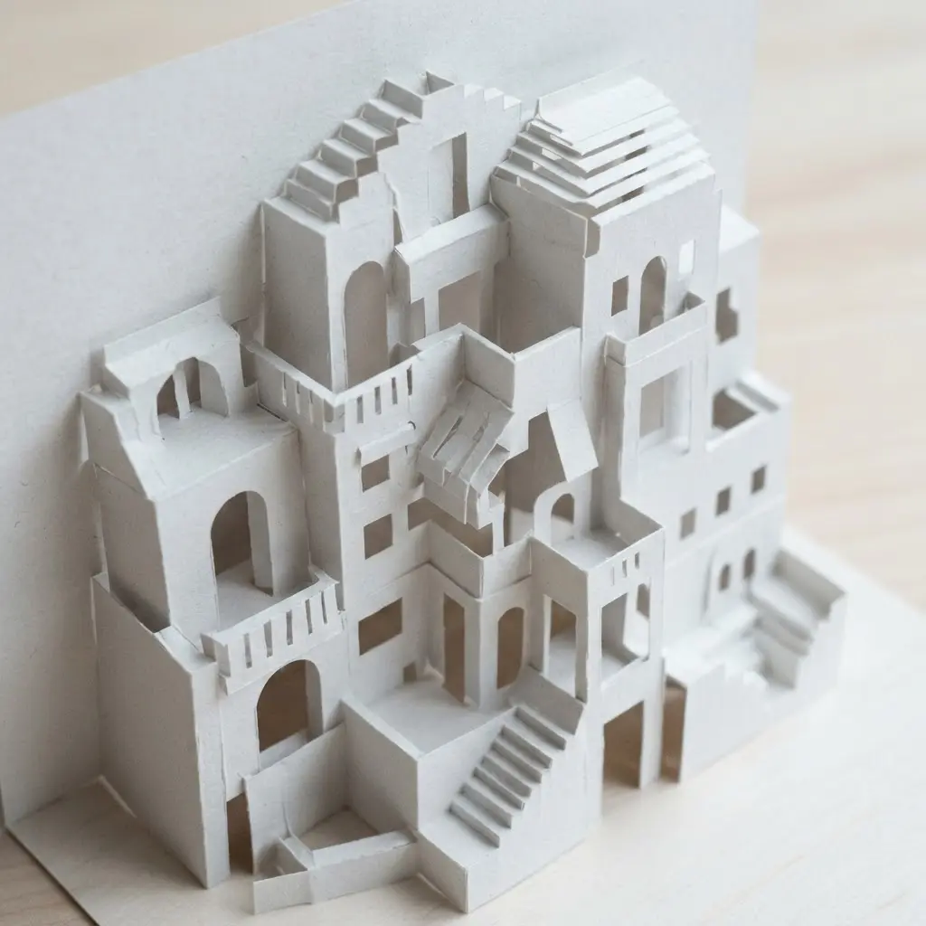 White cardstock Kirigami building standing upright with pop-up folds, window openings, and paper cutting designs.