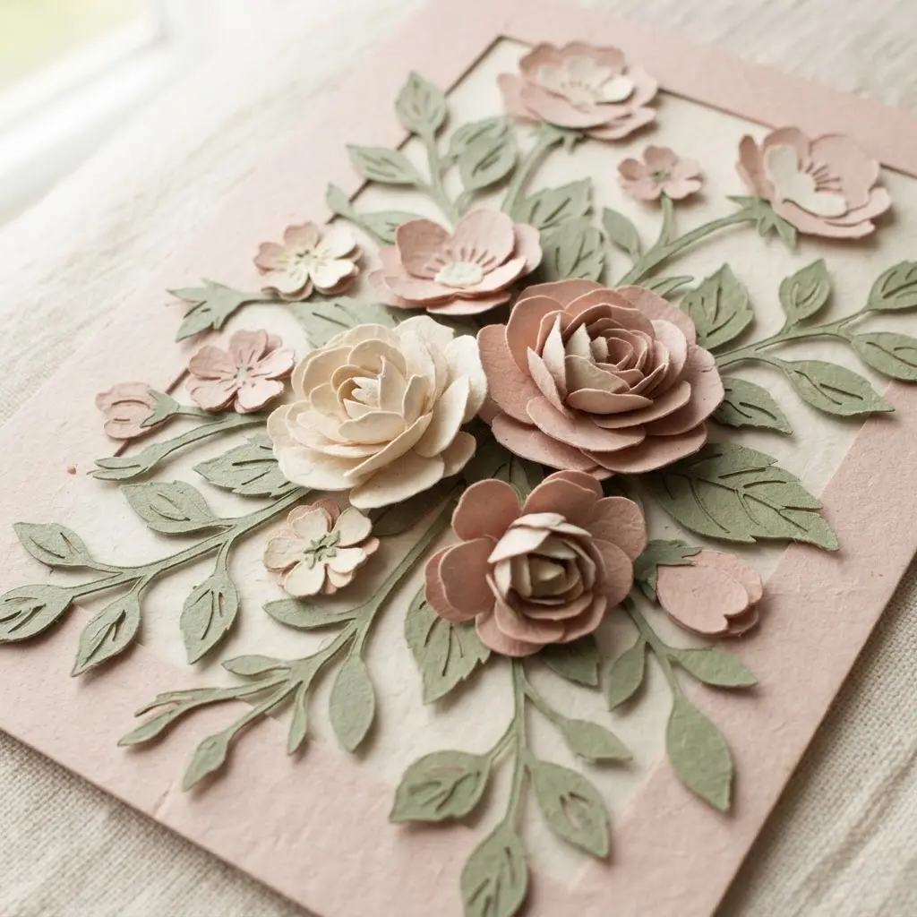 Floral cardstock greeting card with cut petals, leafy stems, and layered paper details on a soft cream table.