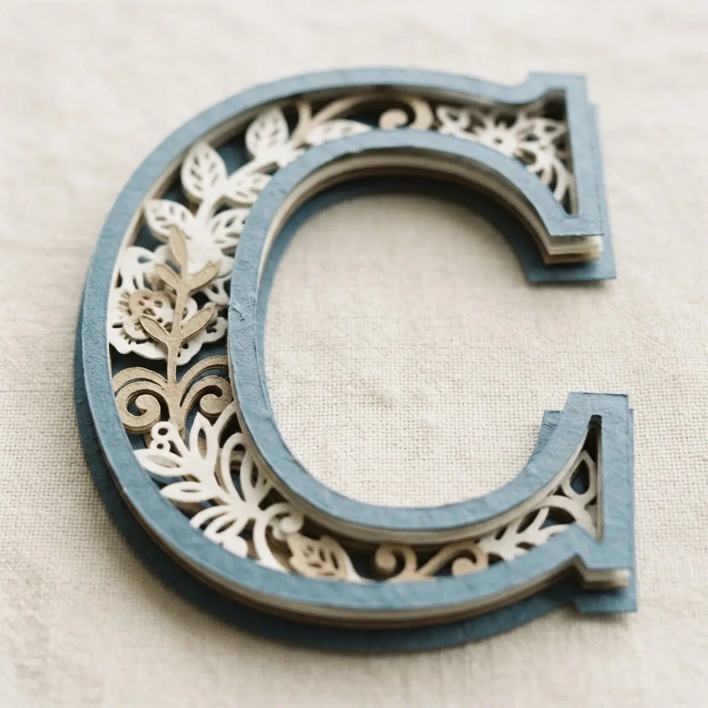Framed papercut initials made from layered cardstock, with clean lettering and a white mat border.