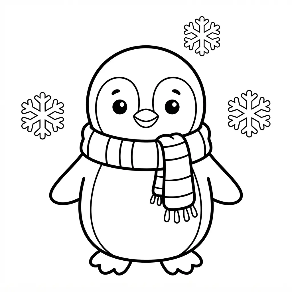 Kawaii baby penguin with a striped scarf standing in snow, shown as printable penguin coloring pages line art.