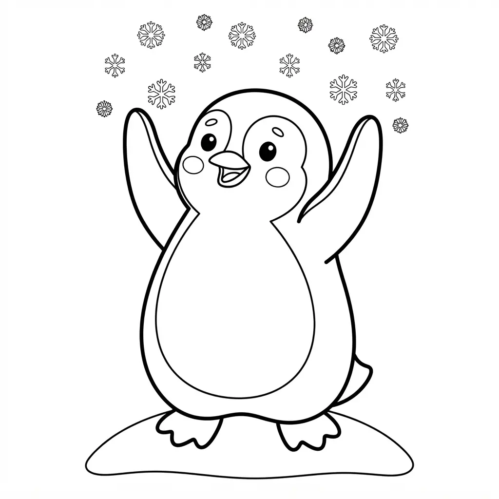 Chubby penguin reaching toward falling snowflakes beside a small snow mound in clear black outline art.
