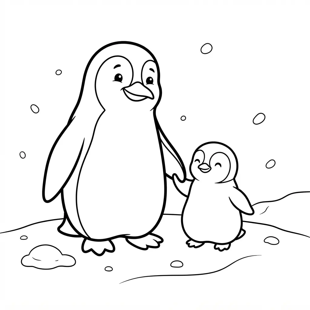 Penguin mother and small chick touching wings beside an icy ground line in warm printable penguin coloring pages art.