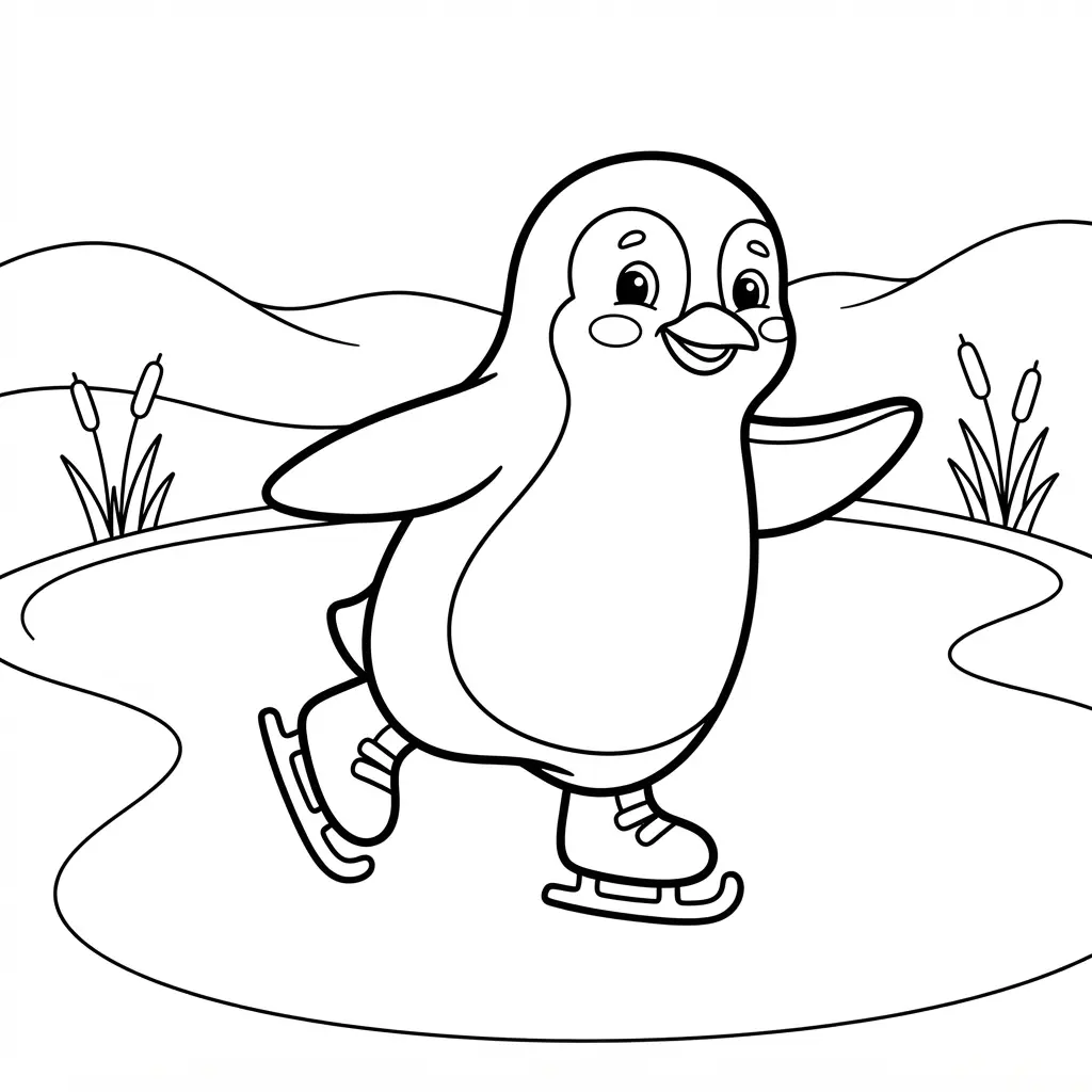 Penguin wearing skates gliding across a frozen lake with reeds and snow-covered hills in clean line art.