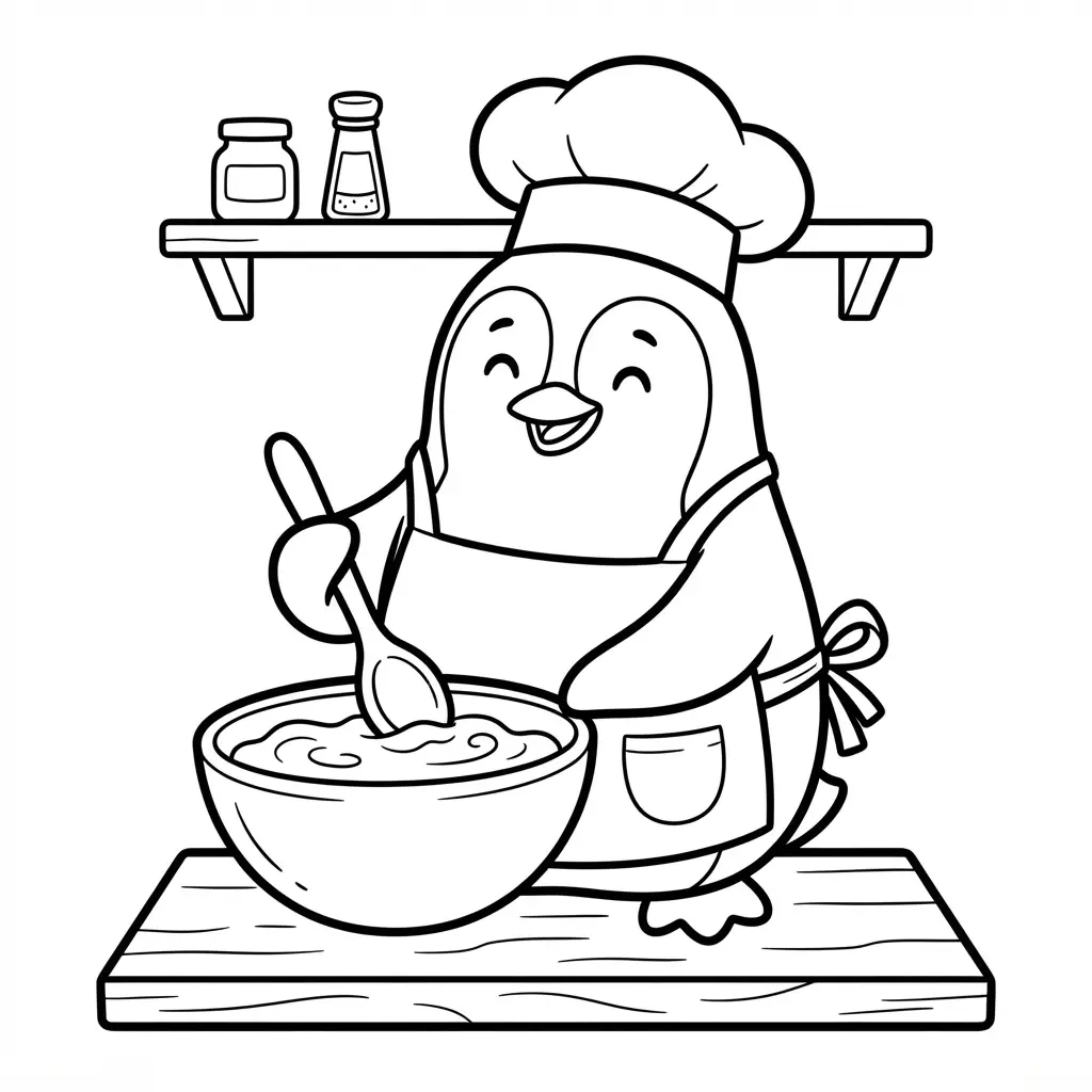 Penguin chef in an apron holding a spoon beside a mixing bowl and kitchen shelf in penguin coloring pages art.