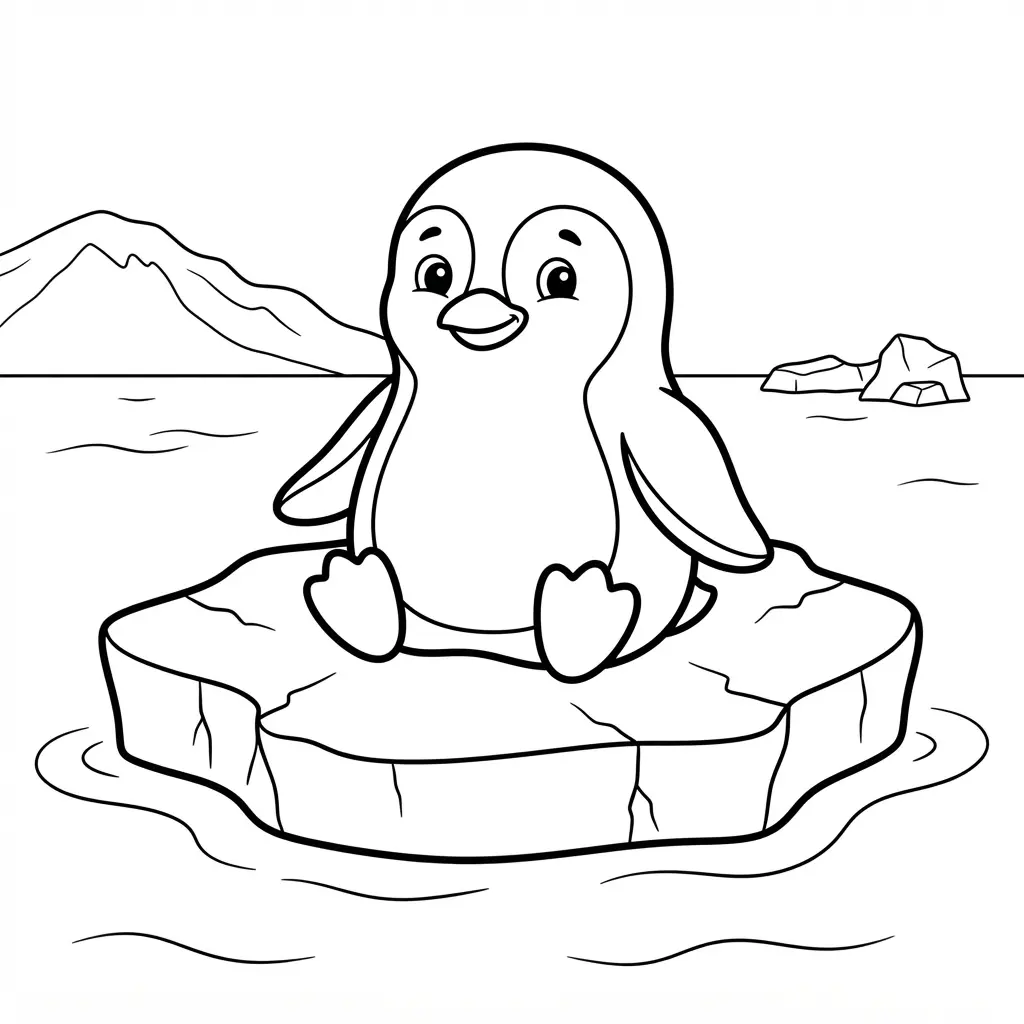 Small penguin sitting on a floating ice block with a distant snowy ridge in minimal black line art.