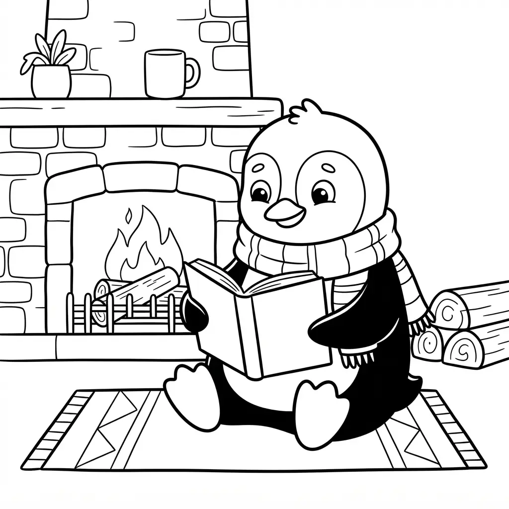 Penguin seated with an open book beside a fireplace, rug, mug, and stacked logs in printable penguin coloring pages art.
