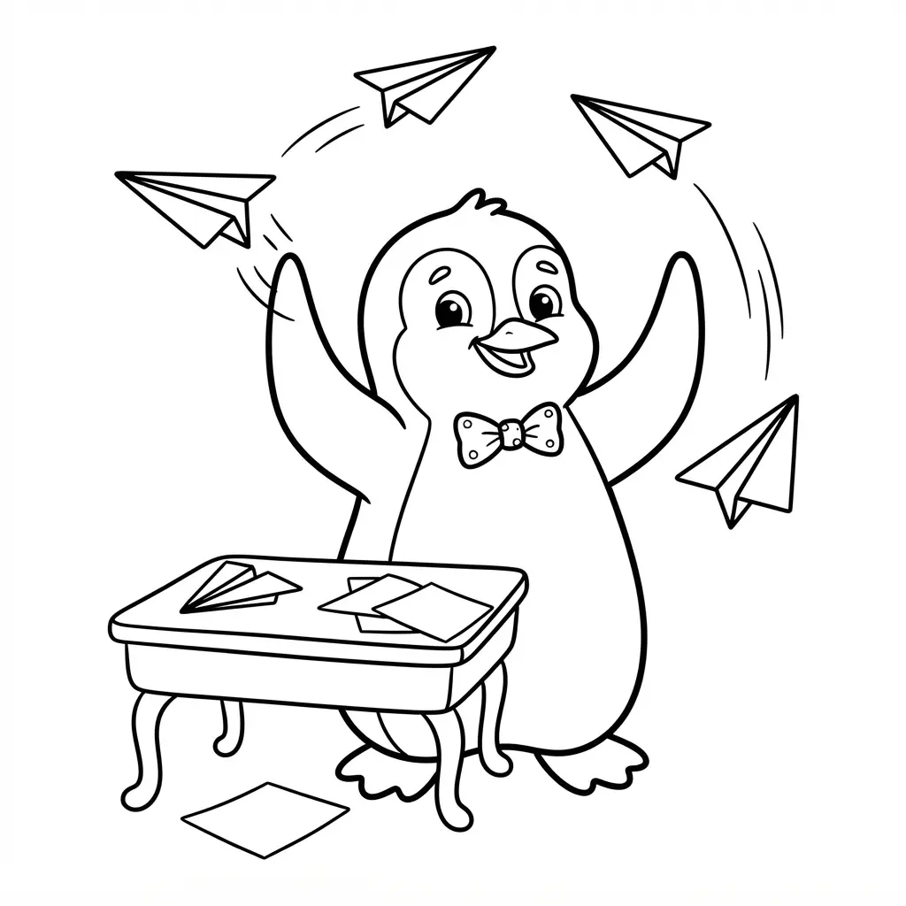 Happy penguin tossing paper airplanes beside a small desk and scattered sheets in printable penguin coloring pages art.