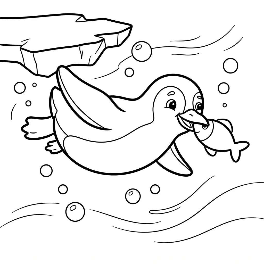 Happy penguin catching a silver fish near floating ice and bubbles in cheerful penguin coloring pages line art.