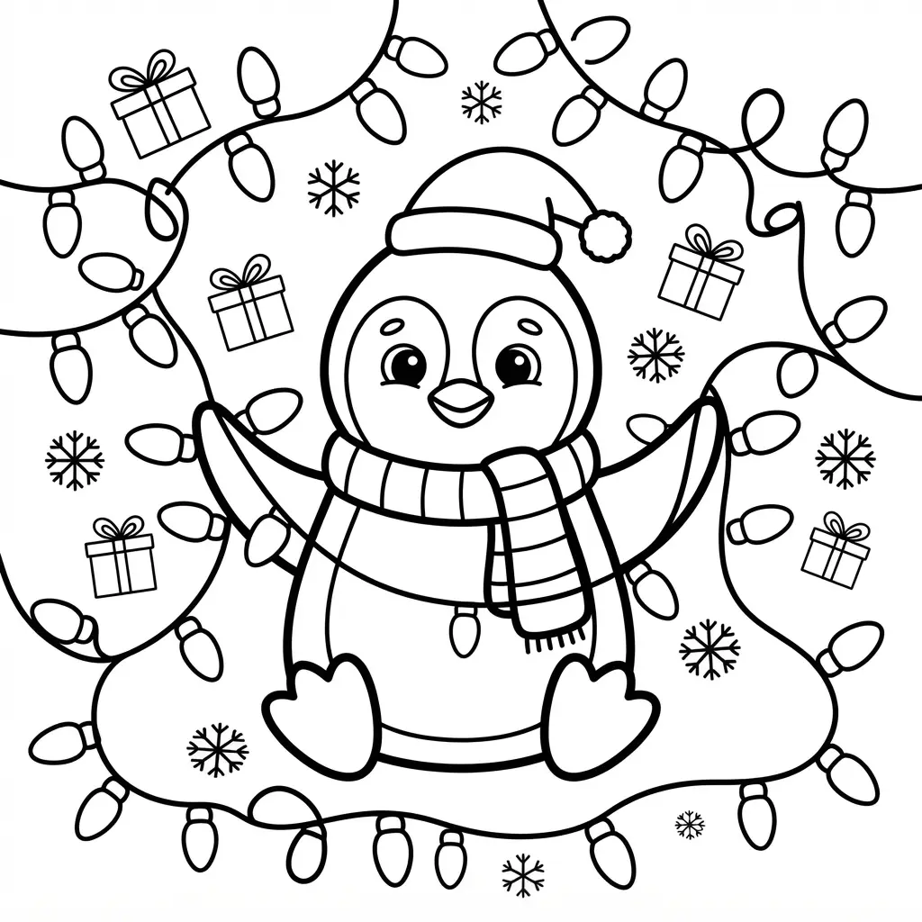 Penguin standing inside loops of Christmas lights with snowflakes and small gift boxes in festive outline art.