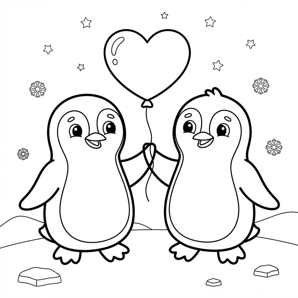 Two penguins holding one heart balloon beneath falling snow and small stars in printable penguin coloring pages art.