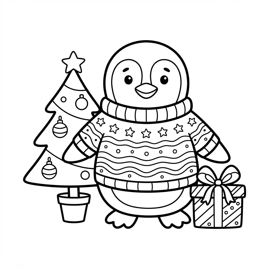 Penguin in a festive sweater standing beside a small decorated tree and wrapped parcel in clean outline art.