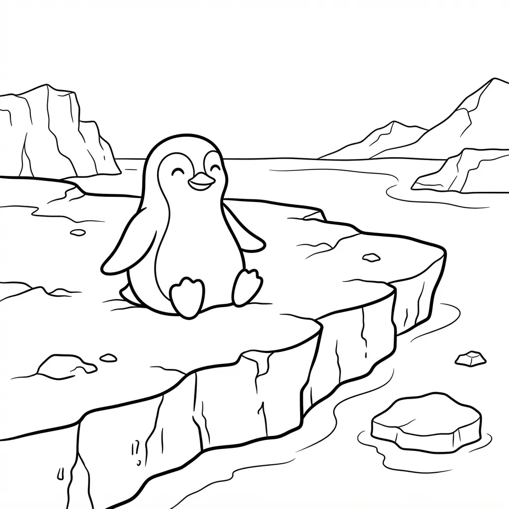 Penguin resting on a broad Arctic glacier with distant ice formations and calm water in penguin coloring pages art.