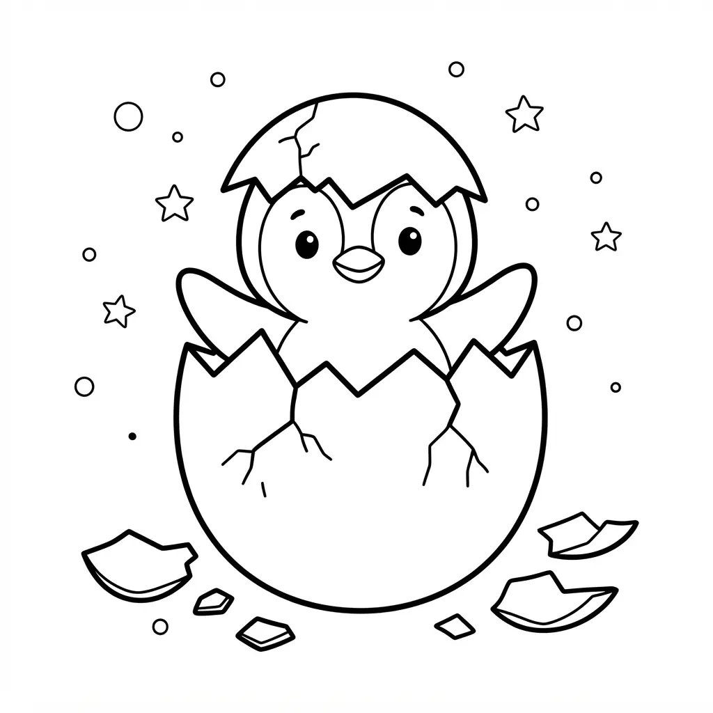 Tiny penguin chick emerging from a cracked egg beside soft snow and small stars in clean black outline art.