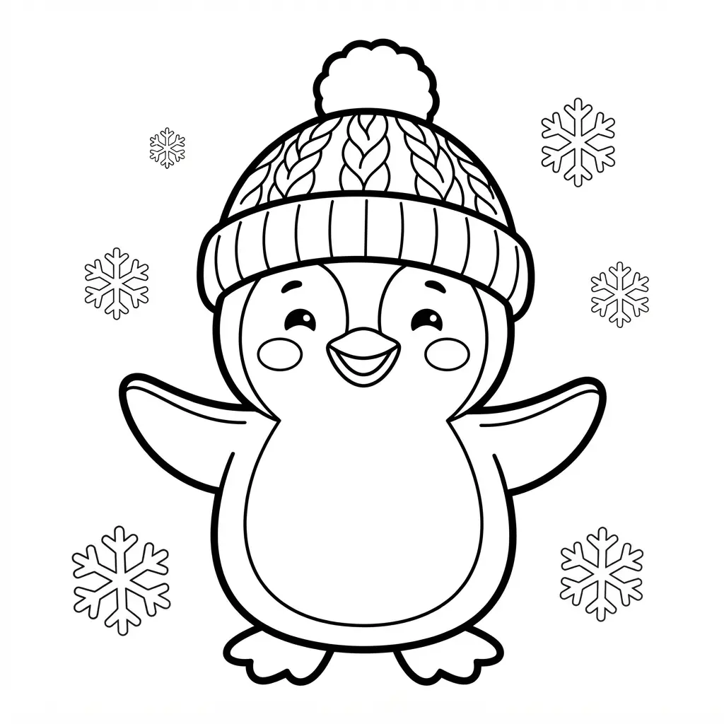 Smiling cartoon penguin in a large beanie beside snowflakes, presented as cheerful penguin coloring pages line art.
