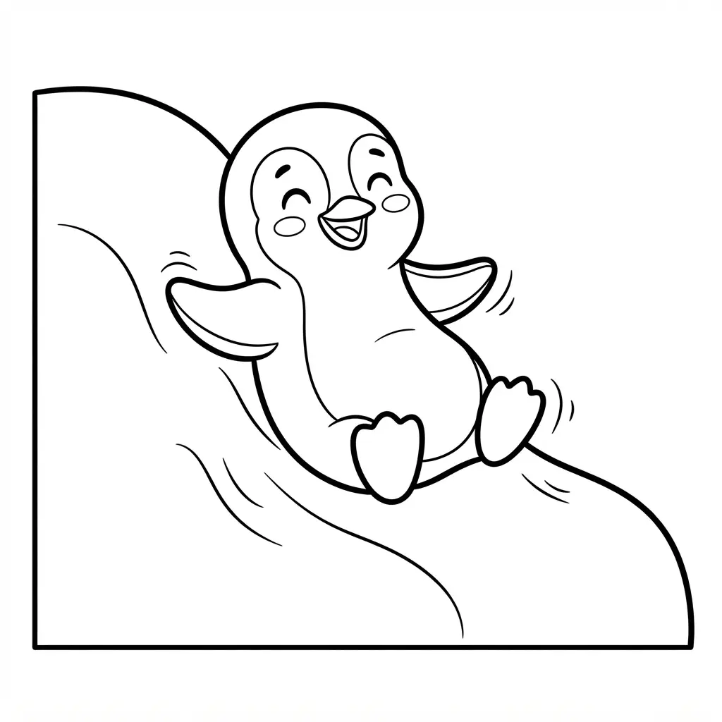 Playful penguin sliding feet first down a rounded snowbank with scattered snow dots in bold black line art.